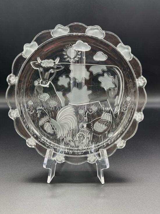 Unknown Other - Farm Cow Chicken Rooster Etched Glass Plate  9"